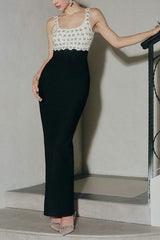 roberta Pearl Flower Rhinestone maxi dress in black