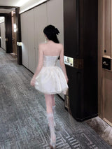 adele White Sweetheart A-line Strapless Satin mini Dress