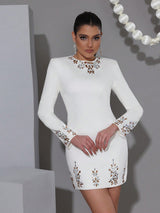 lorraine Rhinestone long-sleeve slim mini dress in white