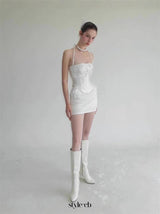 pearl fishbone wrap top skirt set in white