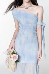 rosalind one-shoulder pleated slim maxi dress in blue