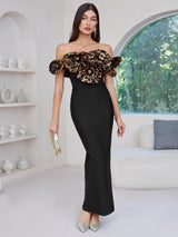 3d flower leopard pattern bandage maxi dress in black