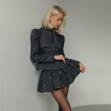 adora dark grey Butterfly Embroidered blazer mini skirt Set