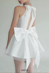 nora off-shoulder Backless lace bow mini dress in white