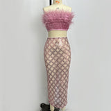 audrey pink feather top sequin Midi Skirt set