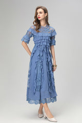 lorraine lace ruffle trim midi dress in blue