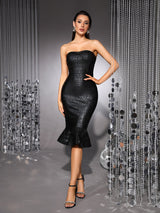 eudora off shoulder bodycon fishtail hem midi dress in black