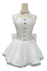 nora off-shoulder Backless lace bow mini dress in white