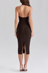 chocolate halter bodycon midi bandage dress