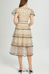 floral Embroidery pleated mesh midi dress in apricot