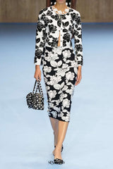 knit floral jacquard midi pencil cardigan skirt set