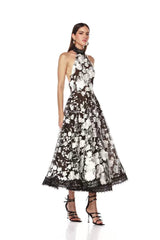 alyssa black Halter Floral Embroidered Midi Dress