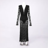 gwendolyn v neck hollow long sleeve lace maxi dress  in black