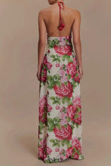 multicolor Floral halterneck high collar maxi dress