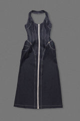 haltered corseted midi dress denim in navy blue