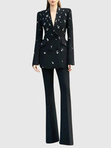 myra black Straight Flared Velvet Floor Length Pants rhinestone blazer set