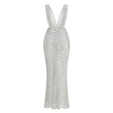rebecca bow sequin embellished v neck maxi dress in silver