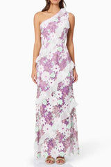 Floral One Shoulder Lace Maxi Dress in purple