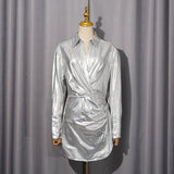 maud Metallic pleated shirt mini Dress in silver