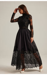 lila flowerr lace embroidery maxi dress set in black