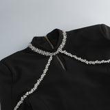 diamond chain embellished trumpet sleeve mini dress in black