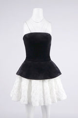 Petal-layered velvet top mini skirt suit without glove - black/white