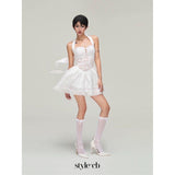 halter embroidered hollow mini dress in white