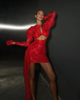 Dariel Floral Jacquard Cutout Draped Mini Dress - Red