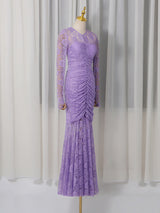 penny lace  hollow ruched bodycon long sleeve maxi dress in purple