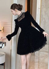 wendy Polka dots long sleeve velvet mini dress in black