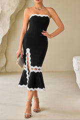 Fishtail lace slit tube top midi dress in black