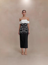 teresa beading rhinestone strapless midi dress in black