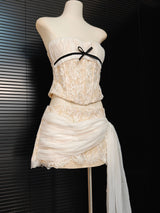 white Herringbone tube top floral ruffle mini dress suit