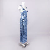 roberta Deep V-Neck Sequin Column Gown in blue