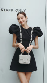 Three-dimensional ruffle rhinestone hollow mini dress in black