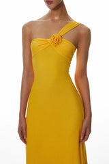 one-shoulder flower a-line maxi dress in yellow