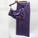 purple Asymmetrical cropped top velvet skirt two-piece set