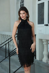 vanessa Halter Sleeveless Tassel Bandage Mini Dress in black