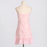 FLORAL APPLIQUÉ PLEATED HEM MINI DRESS IN PINK