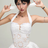 halter embroidered hollow mini dress in white
