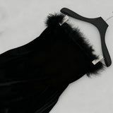 samantha feather velvet strapless mini dress in black