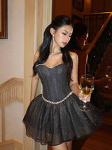 debby Tube Top Fishbone Mesh Tulle Tutu mini dress in black