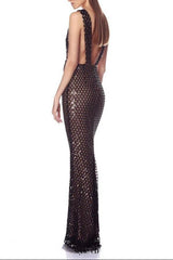 rebecca bow sequin embellished v neck maxi dress in black