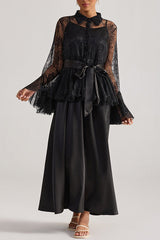 Tiffany black lace bell-sleeve ruffle embroidered top maxi skirt set