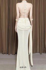 carol ruched halter bodycon maxi dress in white