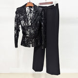 Mesh embroidered beaded jacket & trousers 2-piece set - black