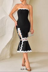 Fishtail lace slit tube top midi dress in black