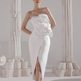 Valery 3d Flower Slit Midi Dress - White