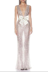rebecca bow sequin embellished v neck maxi dress in silver