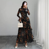 pandora Black Floral Mesh Ruffle Maxi Dress